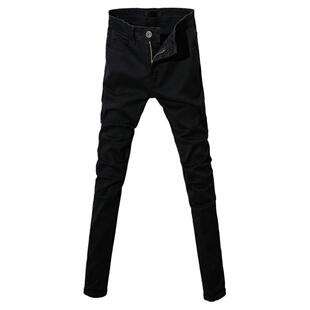 纯黑色九分男裤子秋冬修身小脚乞丐膝盖一字破洞牛仔裤男冬季弹力