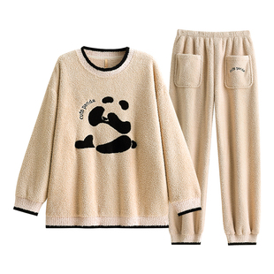 家乐芬半边绒睡衣女秋冬款冬季珊瑚绒加厚加绒家居服圆领套头熊猫