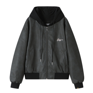 Dangerouspeople薛之谦dsp做旧复古假两件PU夹克秋季宽松连帽外套