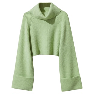 Amii2026春新款高领插肩袖短款毛衣女柳条针法翻折袖口宽松上衣