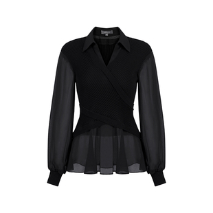 MARYLING玛俪琳春秋新品经典黑色衬衫V领羊毛上衣针梭拼接套头衫