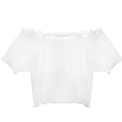 时光白色泡泡袖短款透视一字网纱