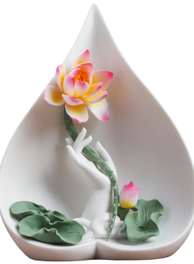 非遗手捏莲花陶瓷中式摆件送礼