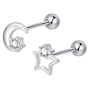 素泊集s999纯银星月耳钉女小众不对称耳环高级螺丝耳饰睡觉不用摘