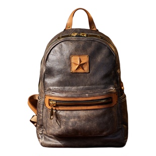 汉名仕五星头层牛皮 双肩包做旧复古男真皮背包书包大容量旅行包
