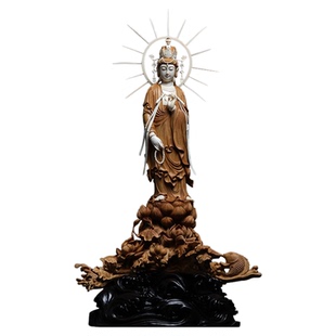 收藏精品老山檀香镶嵌猛犸牙雕摆件【戏鱼观音佛像】清刀传神佳作