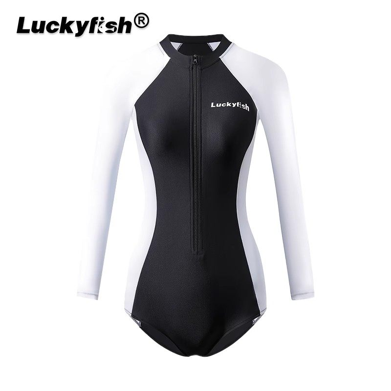 luckyfish韩国连体泳衣女长袖冲浪服速干水母衣防晒潜水服游泳衣
