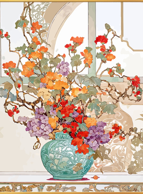 瓶中花中式古典数字油画diy填充画画填色油彩画丙烯涂色手工手绘