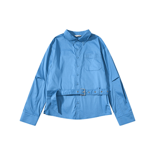 sameuoo散养文化「蓝叩」腰带设计蓝色长袖衬衫H版型微弯刀袖衬衣