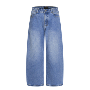 辣到中暑美式复古辣妹高街简约水洗蓝弯刀牛仔裤宽松阔腿拖地裤