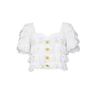 lefame拉飞姆夏日刺绣马德拉俏皮方领白色百搭短袖小上衣女