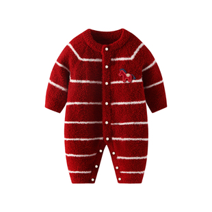 波步婴儿拜年服连体衣冬装红色喜庆新年衣服男宝宝小月龄加厚毛衣