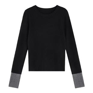 pusumede【现货7折】撞色针织衫女设计感袖口修身内搭打底毛衣