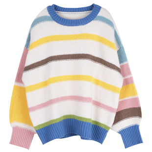 甜妹少女感撞色多巴胺糖果色条纹胖莹莹大码女装韩系宽松减龄毛衣