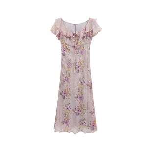 板栗西西【紫雾葡萄】法式碎花甜美夏时尚短袖长裙方领显瘦连衣裙