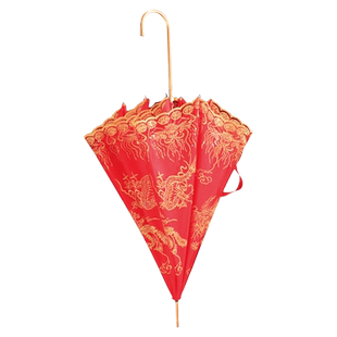 红伞结婚新娘伞婚庆出嫁伞蕾丝花边中式婚礼长柄雨伞复古接亲婚伞