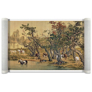 郎世宁百骏图百马图古代名家重彩工笔长卷国画高清微喷复制装饰画