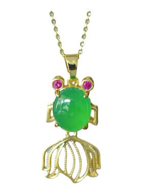 古法鎏金镶嵌天然冰种帝王绿玉髓金鱼吊坠玛瑙项链配证书礼盒链子