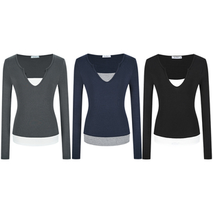 MosesQueen魔西女王美式复古假两件长袖T恤拼接撞色辣妹上衣