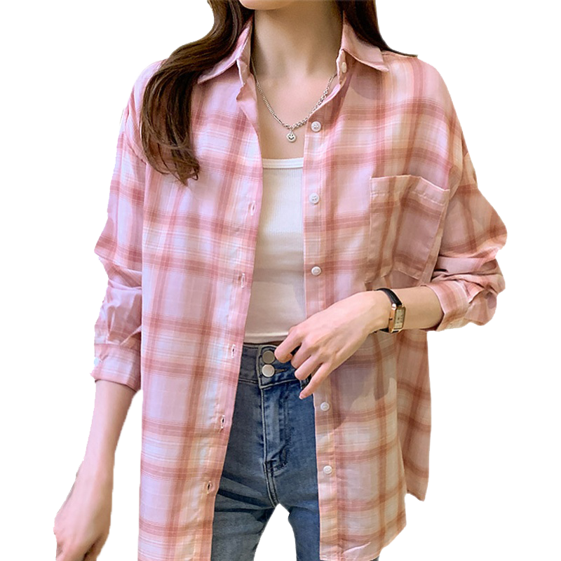 韩范长袖薄款外套女2023春夏新款格子衬衫宽松休闲上衣防晒开衫潮