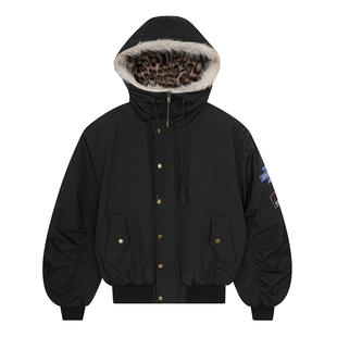 不靠脑子 美式豹纹拼接毛领派克棉服男女加厚防风保暖连帽外套潮