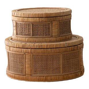 波西米亚手工藤编收纳盒家用桌面零食筐大号分格托盘内衣分类收纳