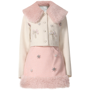 茬客浪漫甜美风毛领套装裙冬季粉白立体装饰收腰显瘦外套半裙