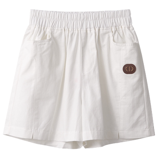 白色运动短裤女夏季薄款松紧高腰显瘦宽松休闲纯棉牛仔阔腿五分裤