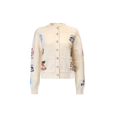 重工刺绣黄油色花朵开衫毛衣米白