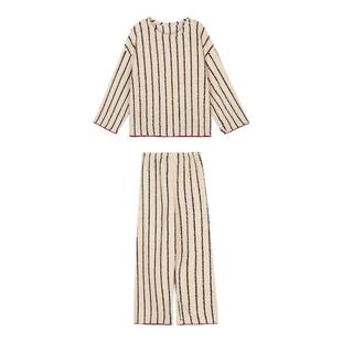 JoyceBra  冬季新款珊瑚绒条纹圆领睡衣女休闲宽松长袖家居服套装