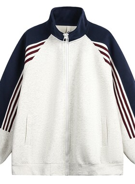美式撞色拼接织带运动休闲外套女春秋学院风拉链卫衣开衫棒球服