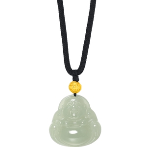 潮宏基倾玉弥勒佛足金和田玉套链黄金项链金珠3D硬金送妈妈金镶玉