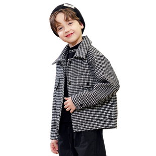 罗蒙男童呢子外套2026秋冬新款男宝宝儿童加厚呢子千鸟格毛呢大衣