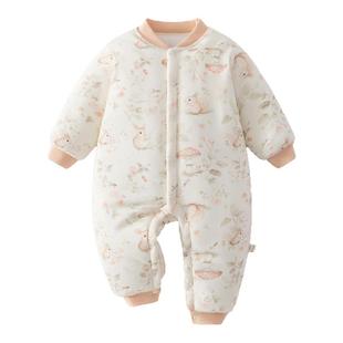 婧麒新生婴儿衣服冬季保暖夹棉连体衣加厚满月宝宝睡衣冬装外出服