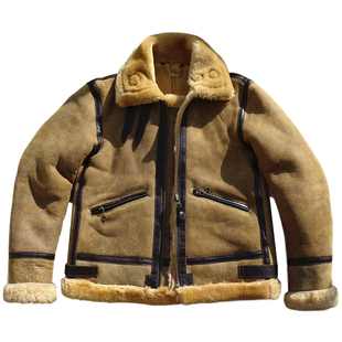 烟草色一眼入魂外贸日版B3原生态羊皮毛一体镶马皮日本拉链真皮衣