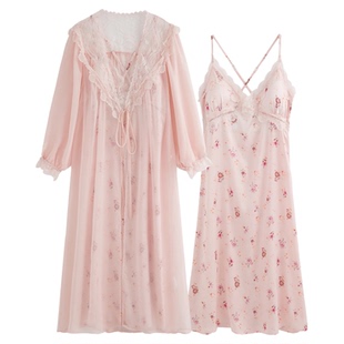 法式女款高级感冰丝吊带睡衣两件套女性感睡袍带胸垫粉色睡裙套装