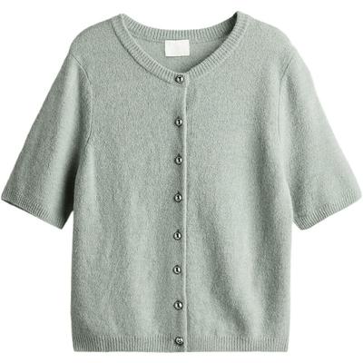 HM女装毛针织衫秋季修身圆领罗纹针织短袖开衫1247671