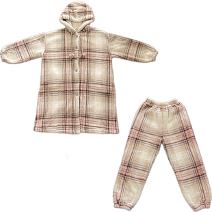 Bananagirl睡衣女套冬季新款加厚保暖连帽长袍格子家居服可外穿女