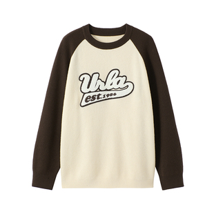 URLAZH有兰秋季新款美式学院风插肩袖字母宽松圆领套头针织毛衣女