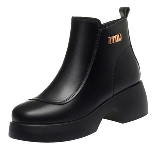 厚底短靴女2025新款女鞋秋冬款靴子加绒皮鞋松糕底马丁靴妈妈鞋子