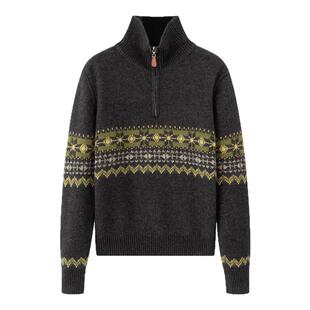 画风drawwind秋冬季半拉链套头毛衣女宽松复古提花羊毛立领针织衫