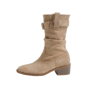 真皮~骄屿皮带扣绒面粗跟短靴女2025秋冬新款复古方头褶皱堆堆靴