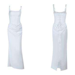 INSTUNNING法式方领束腰吊带连衣裙女高级感白色收腰气质包臀长裙