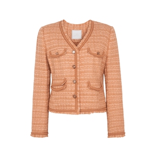 XG雪歌橘黄色毛边设计小香风短外套2025秋季新款无领长袖上衣女装