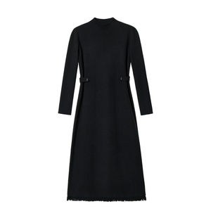 蓝语大码直筒流苏针织连衣裙优雅气质半高领收腰内搭打底毛衣长裙