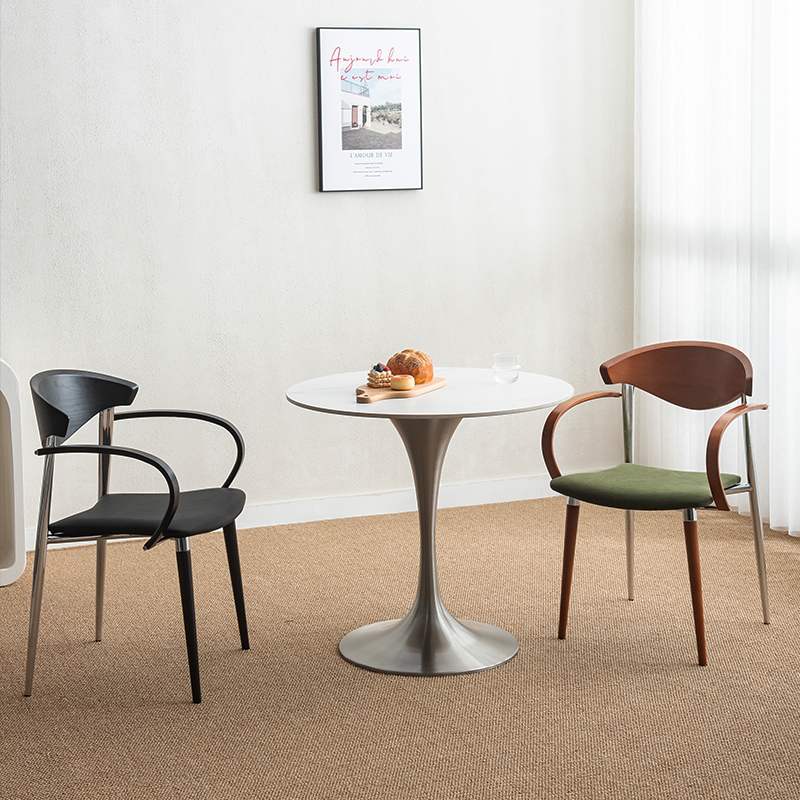 9U圆桌家用阳台郁金香餐桌不锈钢商用咖啡厅木桌子洽谈小圆