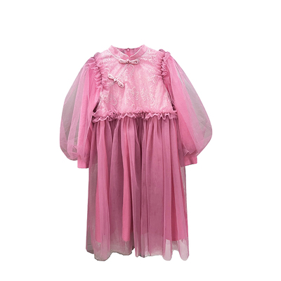 Qimoo/淇木冬季新款童装女童中国风盘扣蕾丝连衣裙QCL4LP240B