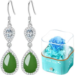 纯银天然和田玉碧玉水滴银耳环女玉石耳坠耳饰耳钉生日礼物送妈妈