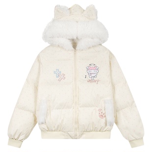 GSGF原创波点猫咪毛领立耳连帽棉服外套女冬季保暖可爱百搭面包服