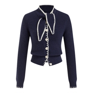 CIDER撞色镶边长袖针织翻领蝴蝶结开衫115033237